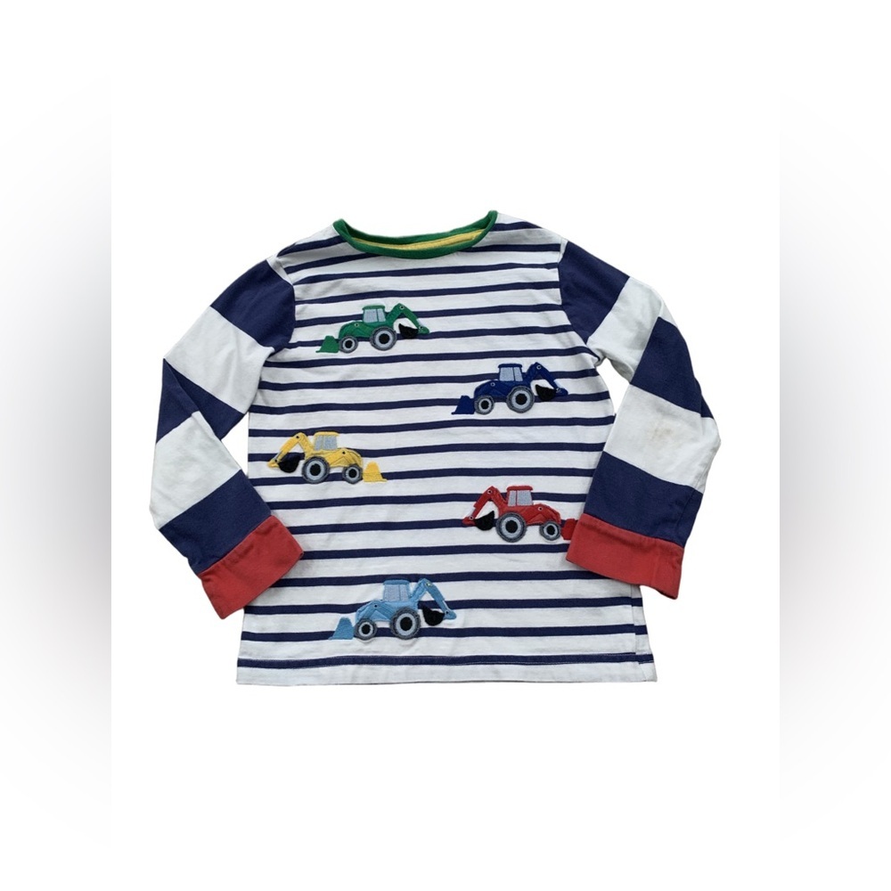 Mini Boden Size 5-6 Colorful Excavator Vehicle Applique Long Sleeve Stripe Shirt